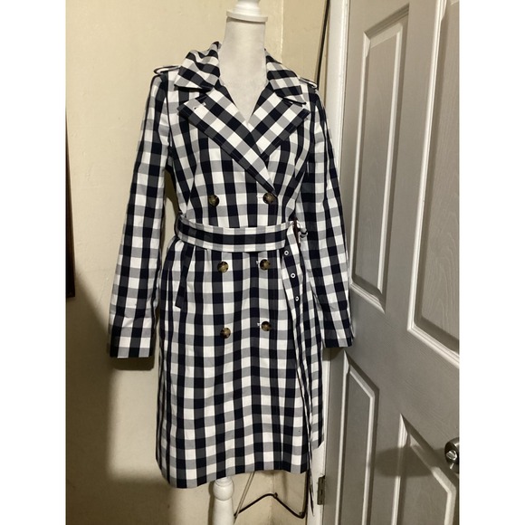 J. Crew Gingham Double Breasted Trench Coat Belted Navy White Women's 4 - Picture 2 of 9